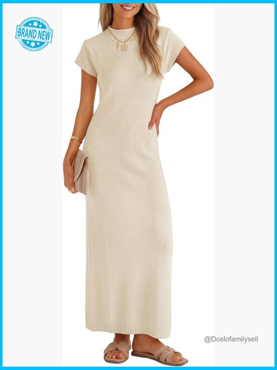 Dresses & Skirts - Bodycon Knit Maxi Dress Business Casual Crew Neck Slit Summer